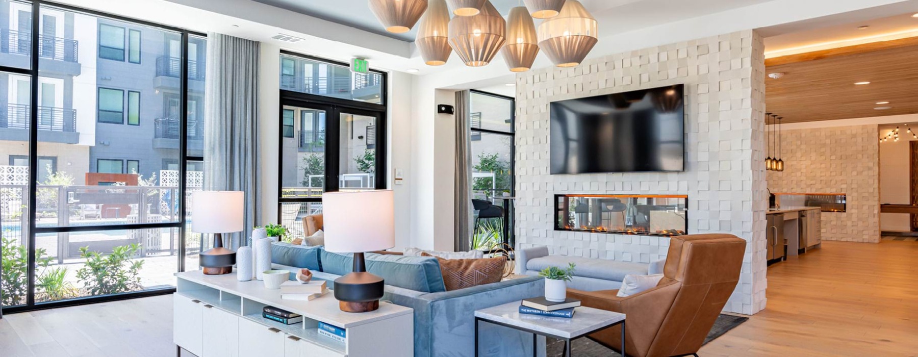 Spacious clubroom with fireplace